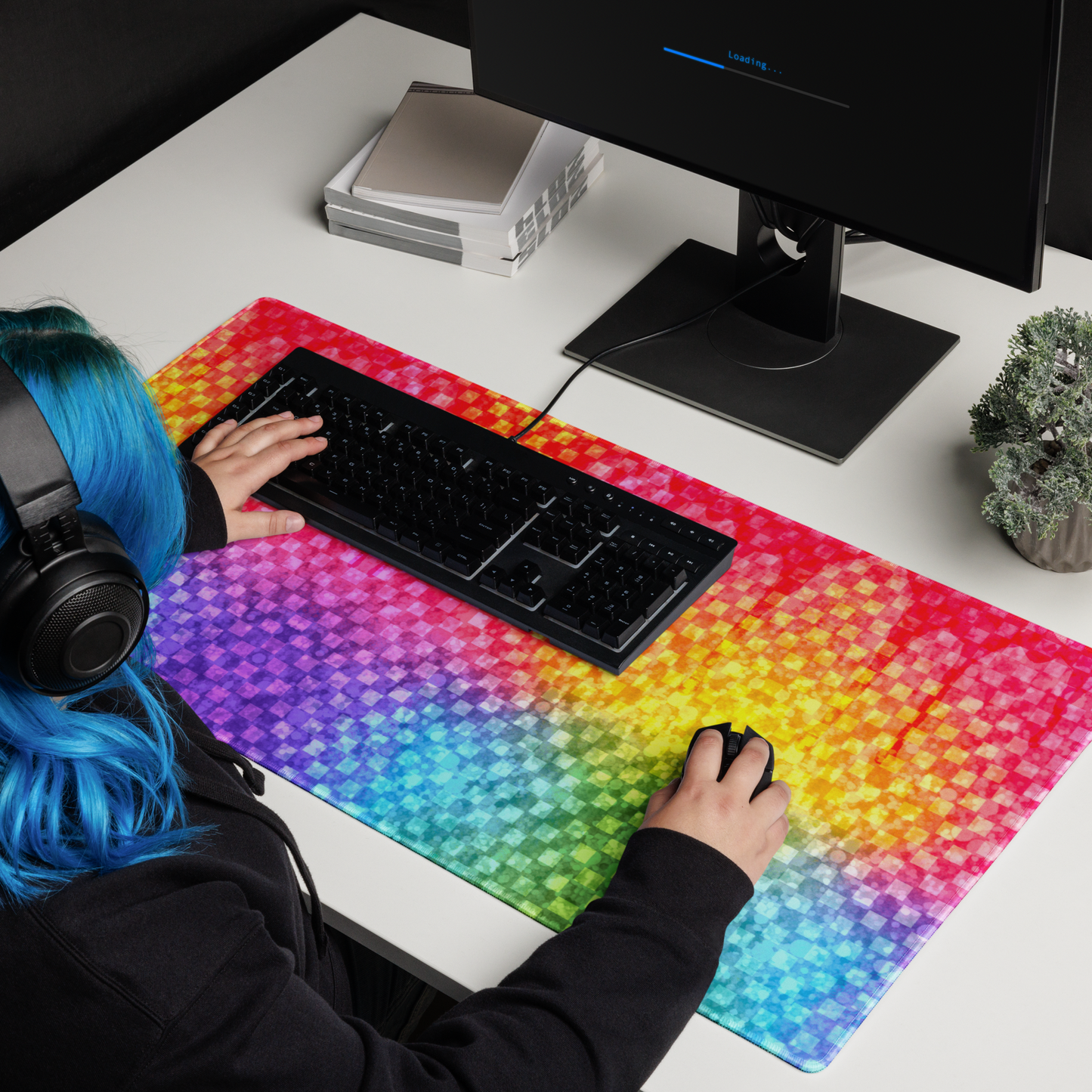 Rainbow Glitter Checker Desk Mat